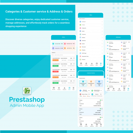 Prestashop Admin App Categories, Customer Service and Orders Page