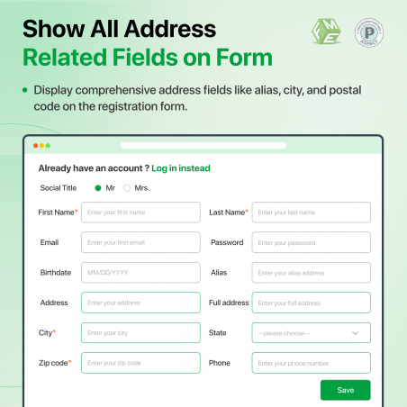 Prestashop Customer Address on Registration Form Address Fields