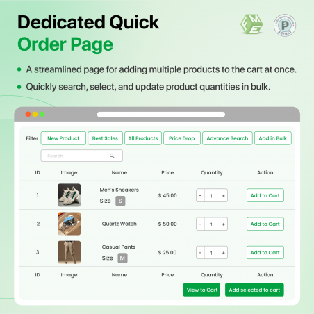 Prestashop Quick Order Table Dedicated Page