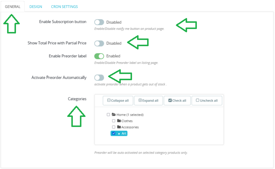 preorder general settings